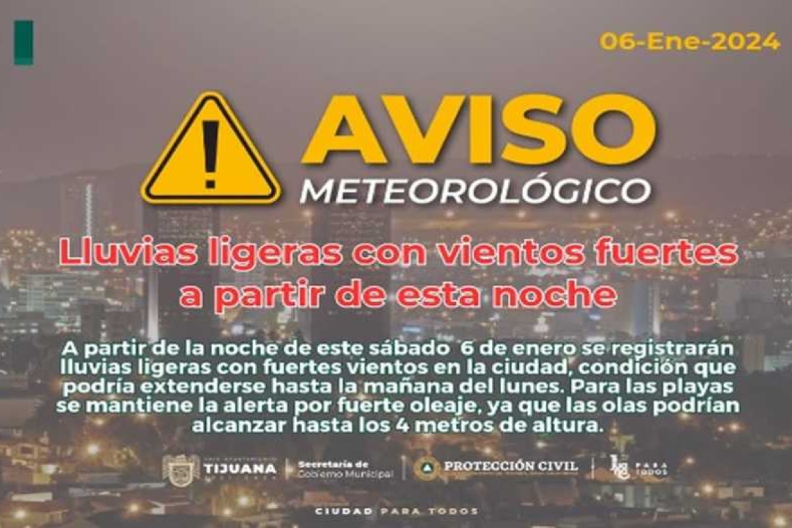 PRONÓSTICO DE LLUVIA Y VIENTOS EN TIJUANA A PARTIR DE ESTA NOCHE 