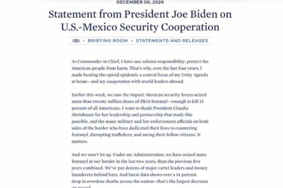 Reconoce Joe Biden a la presidenta Claudia Sheinbaum por decomiso de fentanilo