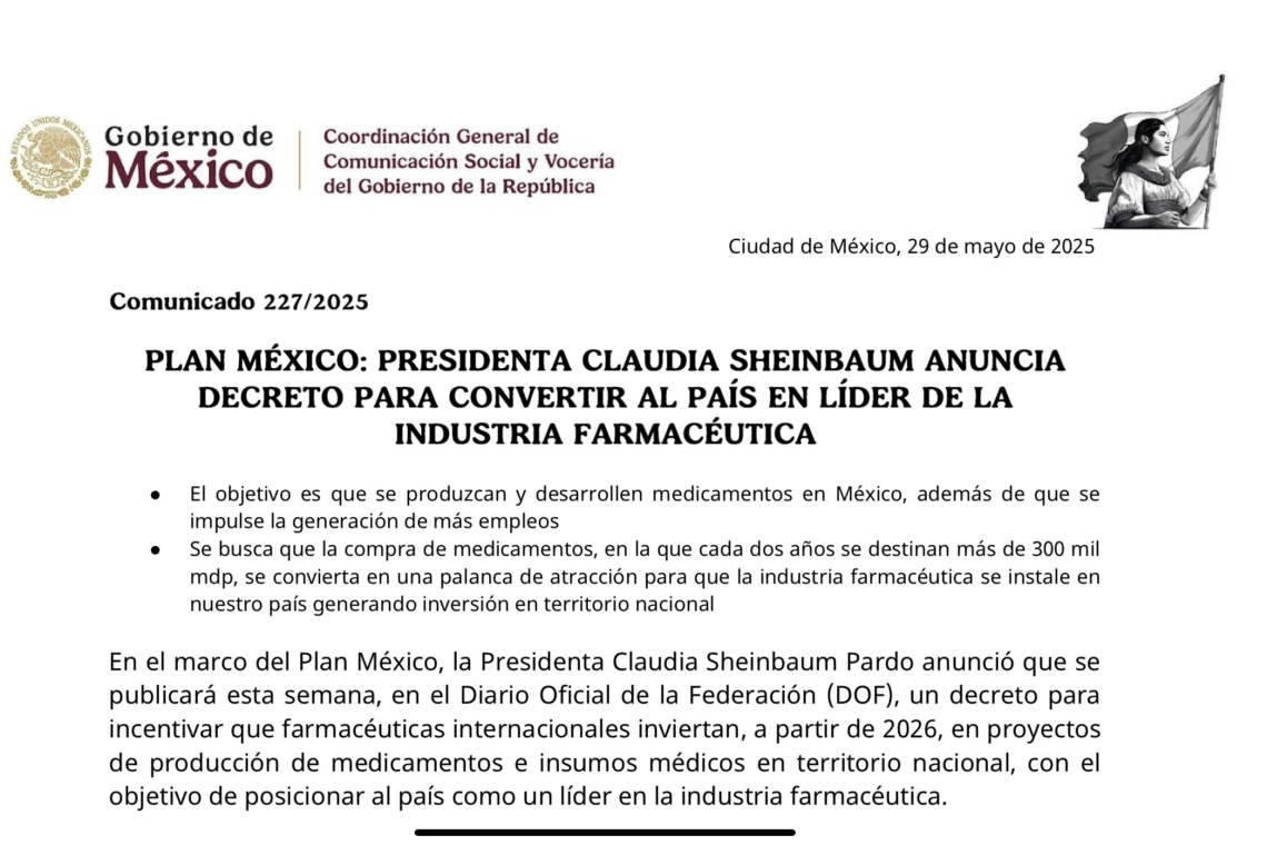 Plan México: Presidenta Claudia Sheinbaum anuncia decreto para convertir al país en líder de la industria farmacéutica 