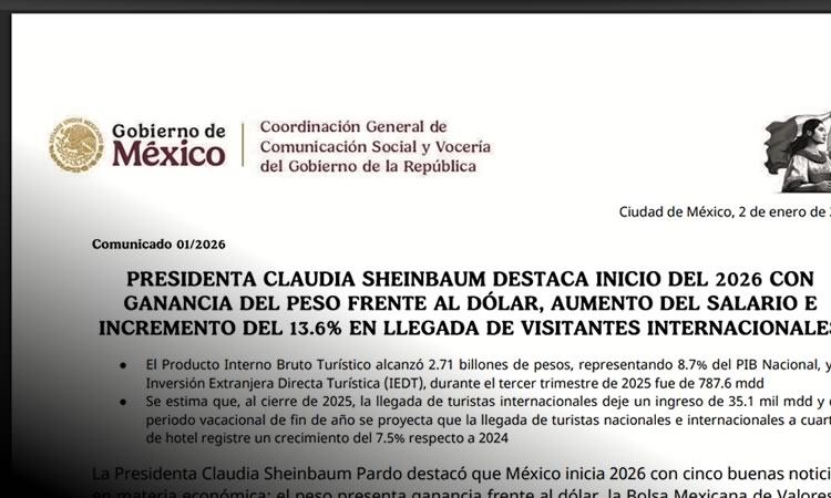 PRESIDENTA CLAUDIA SHEINBAUM DESTACA INICIO DEL 2026 CON GANANCIA DEL PESO FRENTE AL DÓLAR, AUMENTO DEL SALARIO E INCREMENTO DEL 13.6% EN LLEGADA DE VISITANTES INTERNACIONALES 